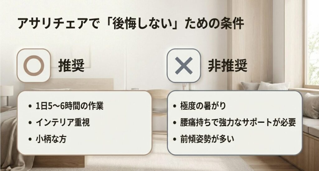 作業時間やサポートの必要性、暑がりかどうかなど、アサリチェアが推奨される人と非推奨な人の条件をまとめたチェックリストスライド