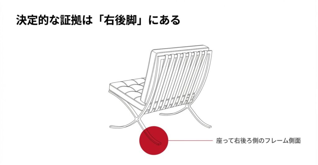 バルセロナチェアを背面から見た図。座って右後ろ側（右後脚）のフレーム側面に刻印があることを示す赤いポイント