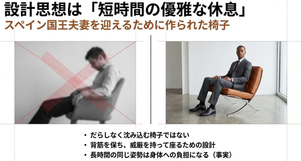 バルセロナチェアがスペイン国王夫妻のために設計された「短時間の優雅な休息」を目的としていることを説明