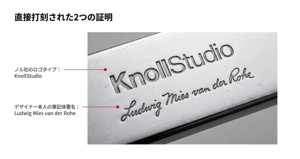 ノル社正規品のフレームに打刻された「KnollStudio」のロゴと、デザイナー本人「Ludwig Mies van der Rohe」の筆記体署名のクローズアップ