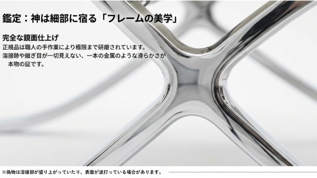 正規品バルセロナチェアの職人による手作業での研磨と、継ぎ目のない鏡面仕上げの比較スライド