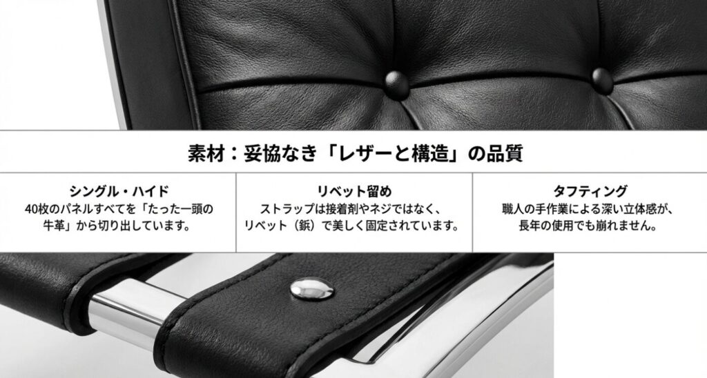 シングル・ハイド（一頭の牛革）、リベット留め、ハンドタフティングの品質解説スライド