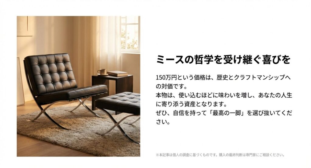 インテリア空間に配置されたバルセロナチェアと、一生モノの資産としての価値を伝えるまとめスライド