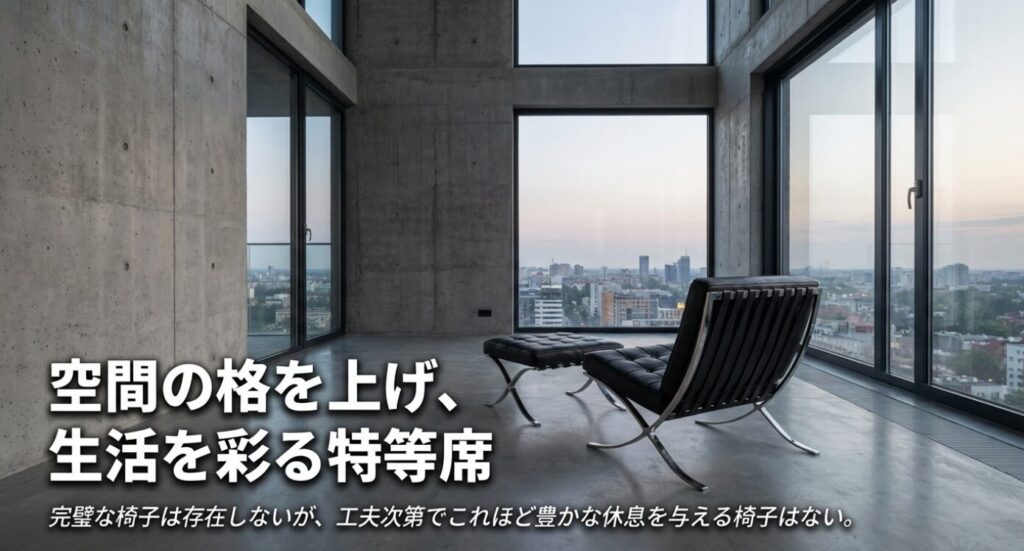 モダンな空間に置かれたバルセロナチェアとオットマンの画像に、「空間の格を上げ、生活を彩る特等席。完璧な椅子は存在しないが、工夫次第でこれほど豊かな休息を与える椅子はない」というメッセージが添えられた結びの画像 。