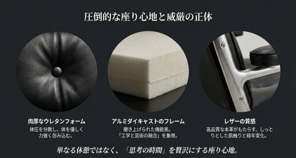 肉厚なウレタンフォーム、アルミダイキャストフレーム、レザーの質感をクローズアップした構造解説スライド。