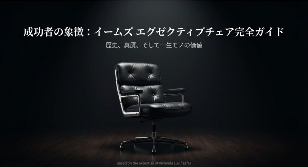 イームズ エグゼクティブチェア（タイムライフチェア）の解説スライド表紙。成功者の象徴としての価値を提示。