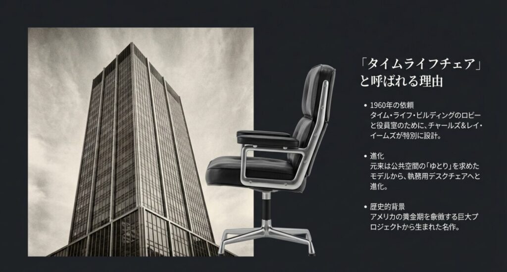 1960年のタイム・ライフ・ビルディング計画から生まれた歴史的背景と、執務用への進化を解説するスライド。