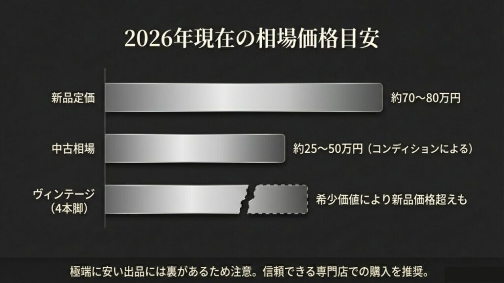 新品定価、中古相場、ヴィンテージ価格を比較し、専門店での購入を推奨する価格解説スライド。