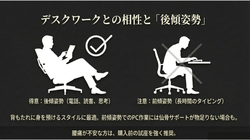 得意な後傾姿勢と、長時間のタイピングなど注意が必要な前傾姿勢の比較をイラストで解説するスライド。