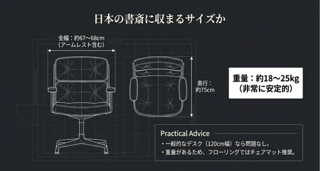 全幅、奥行き、重量のスペック詳細と、チェアマット推奨などの実用的なアドバイスをまとめたスライド。