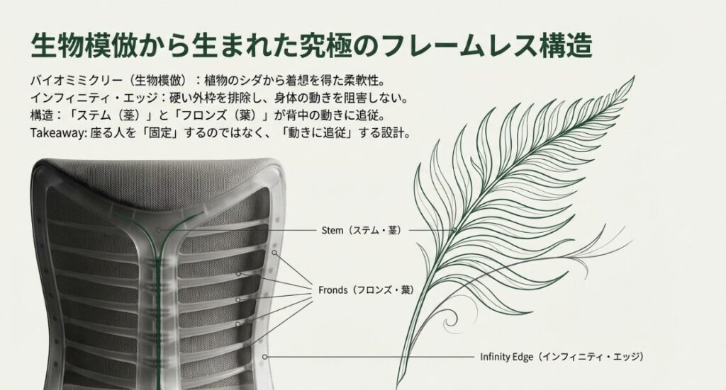 植物のシダから着想を得たステム（茎）とフロンズ（葉）によるバイオミミクリー構造の図解
