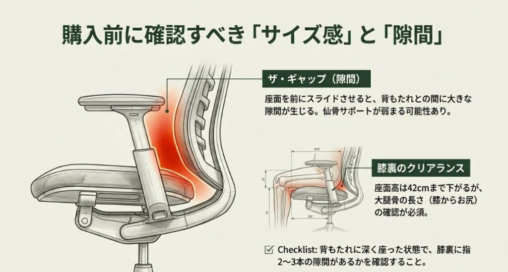 座面スライド時に生じる隙間の注意点と、膝裏に指2〜3本の隙間を確保する適切なサイズ感の図解