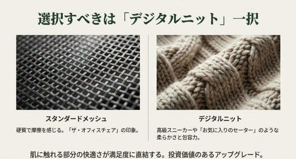 ヘイワース ファーンのスタンダードメッシュと、柔らかく包容力のあるデジタルニットの素材比較画像