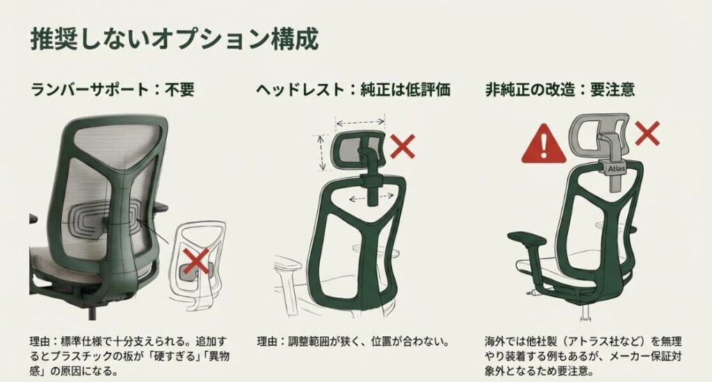 不要とされるランバーサポートと低評価な純正ヘッドレスト、非純正改造への注意喚起図