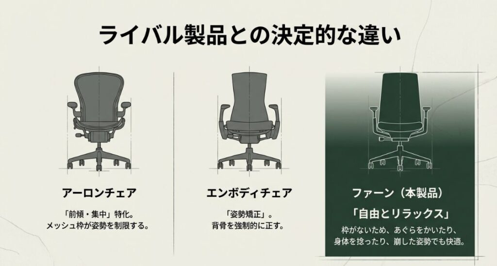 アーロンチェア（前傾特化）、エンボディチェア（姿勢矯正）、ファーン（自由とリラックス）の特性比較図
