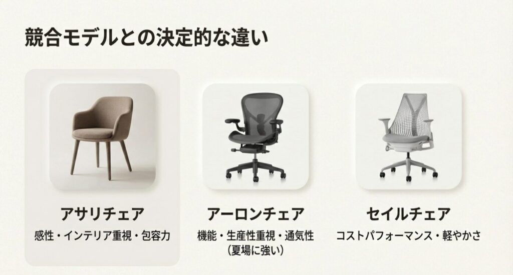 アサリチェア、アーロンチェア、セイルチェアの3モデルを、インテリア性、機能性、コストパフォーマンスの視点で比較したスライド