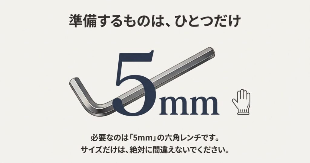 作業に絶対必要な5mmサイズの六角レンチの大きな画像とサイズ厳守の注意書き