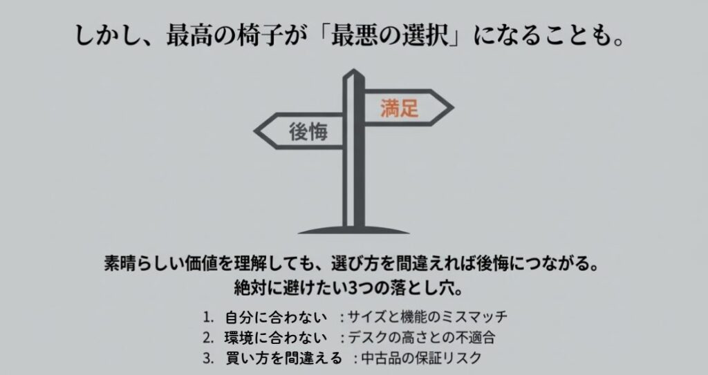 満足と後悔の標識が描かれた画像。選び方を間違えると最高の椅子も後悔に繋がることを警告。