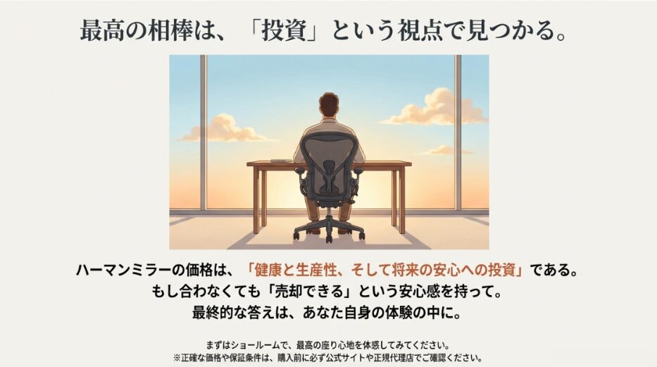 デスクに向かう背中越しに夕日が見えるイメージ画像。ハーマンミラーは将来の安心への投資であることを表現。
