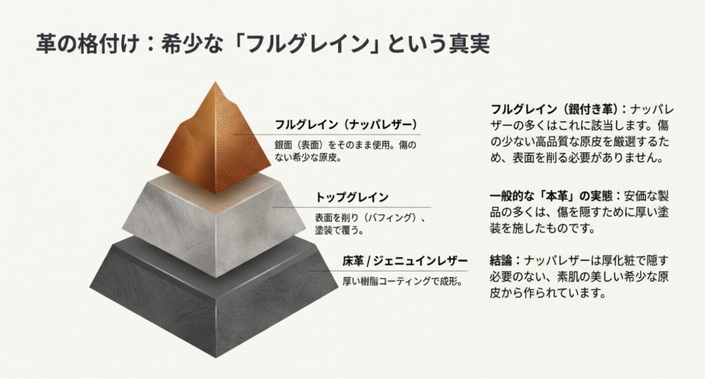 フルグレイン、トップグレイン、床革（ジェニュインレザー）の品質の違いを示す格付け図。