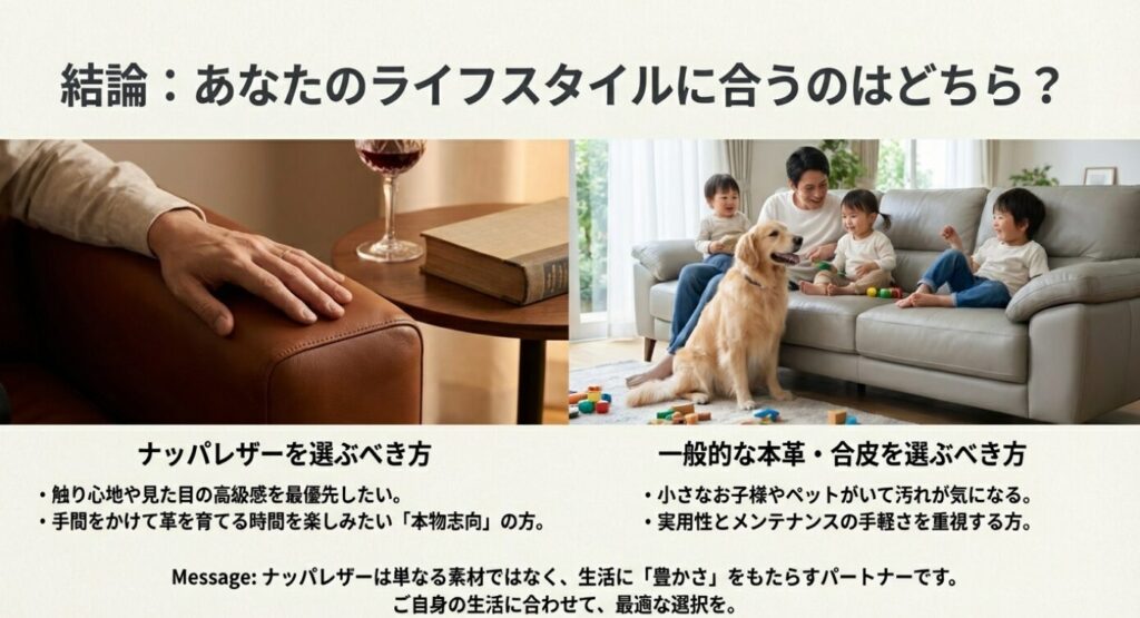 本物志向の人と、子供やペットがいる家庭における、レザー選択の比較イメージ。