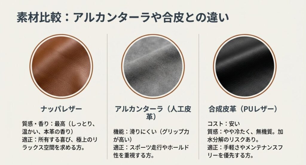 ナッパレザー、アルカンターラ、合成皮革の見た目の質感と、それぞれの利用シーンの適正。