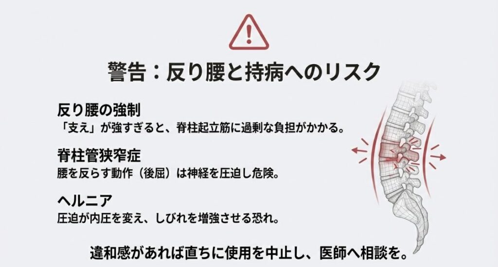 ランバーサポートの強すぎが招く反り腰のリスクと、脊柱管狭窄症・ヘルニアへの警告図