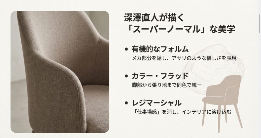 デザイナー深澤直人氏によるアサリチェアの設計思想（有機的なフォルム、カラー・フラッド、レジマーシャル）をまとめた解説スライド