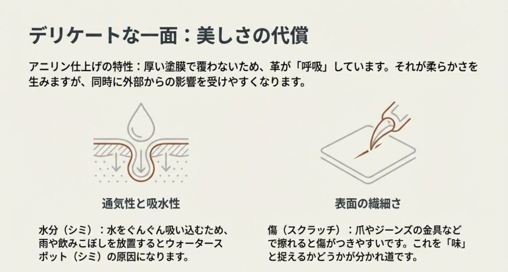 ナッパレザーが水を吸い込む様子と、表面に傷がつくイメージを示すイラスト。