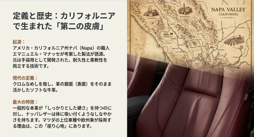 ナッパレザー発祥の地であるカリフォルニア州ナパの地図と、高級車のシート画像。