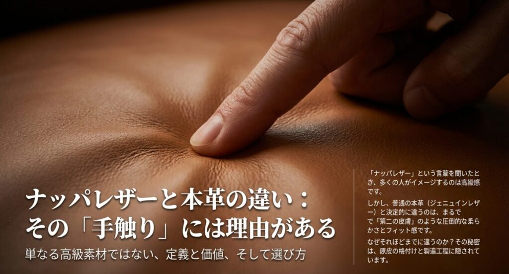 ナッパレザーと本革の違いを解説するスライドの表紙画像。