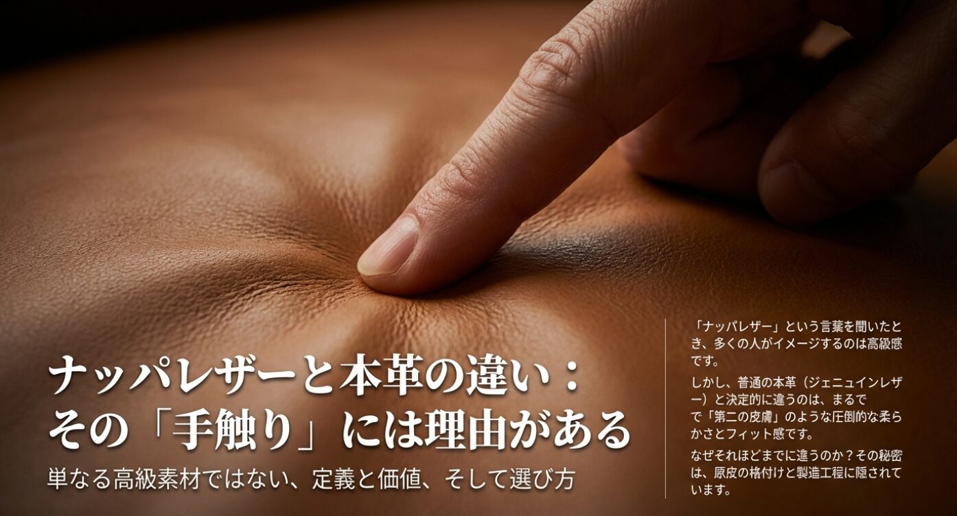 ナッパレザーと本革の違いを解説するスライドの表紙画像。