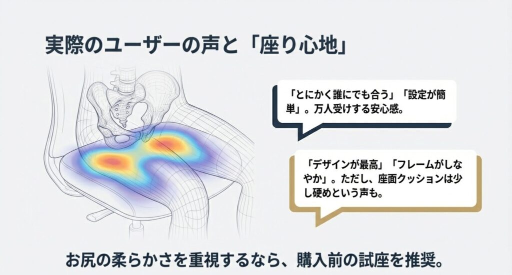 異硬度クッションによる体圧分散のイメージとユーザーからの座り心地の評判