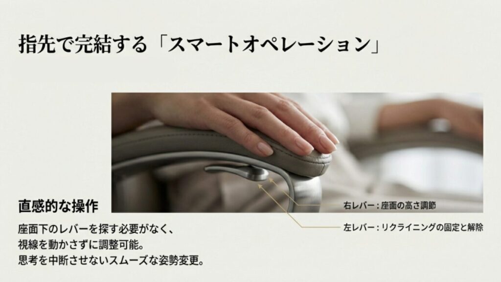 視線を動かさず座ったまま、左右のアームレスト先端にあるレバーで高さ調節やリクライニング固定を行う様子