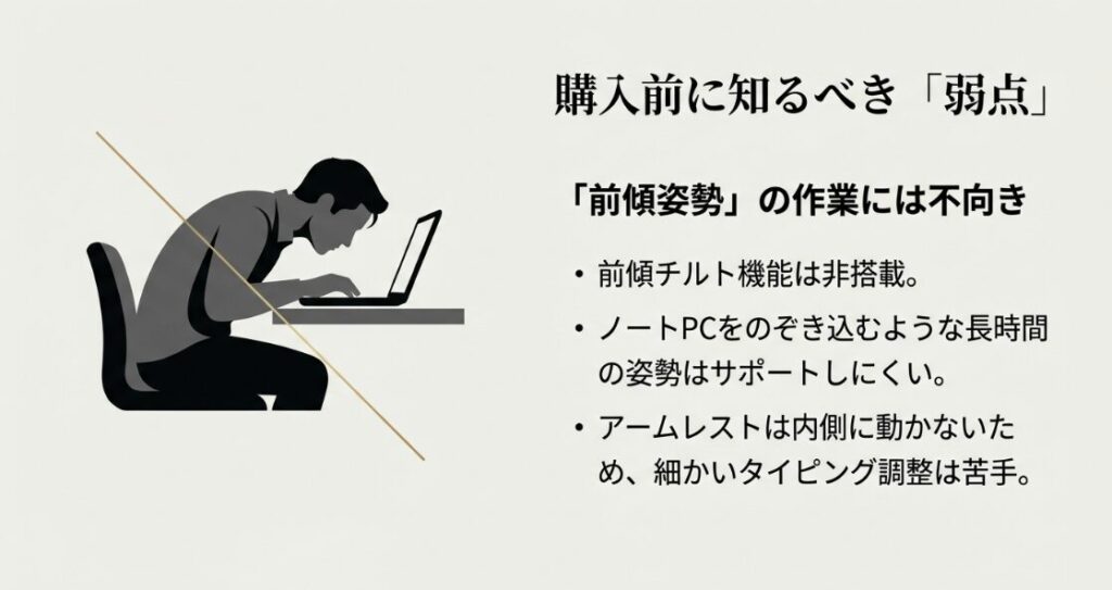 前傾チルト非搭載やアームレストの調整幅など、ノートPC作業や細かいタイピングには不向きな側面を解説した画像