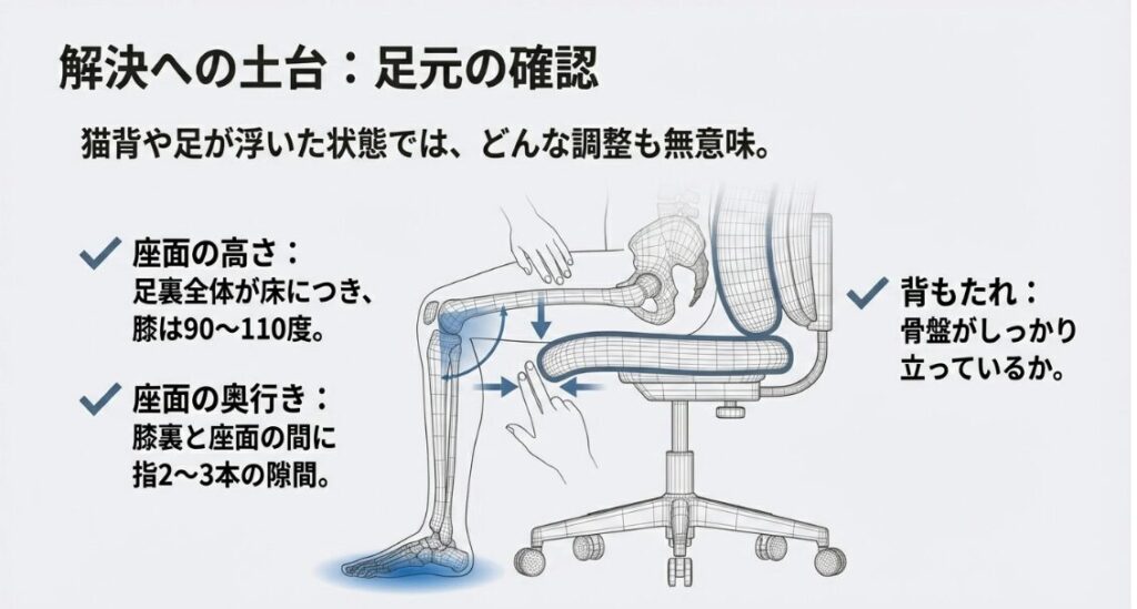 足裏が床につき、膝裏に指2〜3本の隙間がある理想的な座り方のチェックポイント図