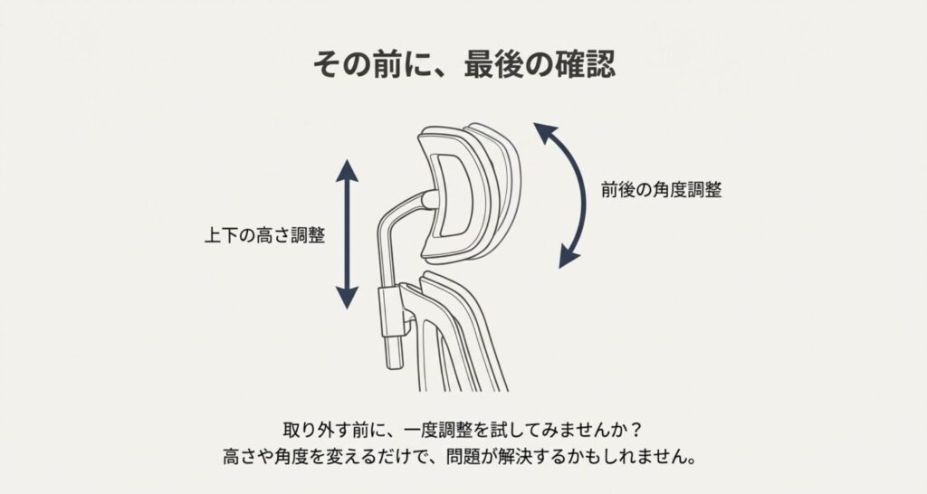 シルフィーのヘッドレストの上下高さ調整と、前後の角度調整の可動域を示すイラスト