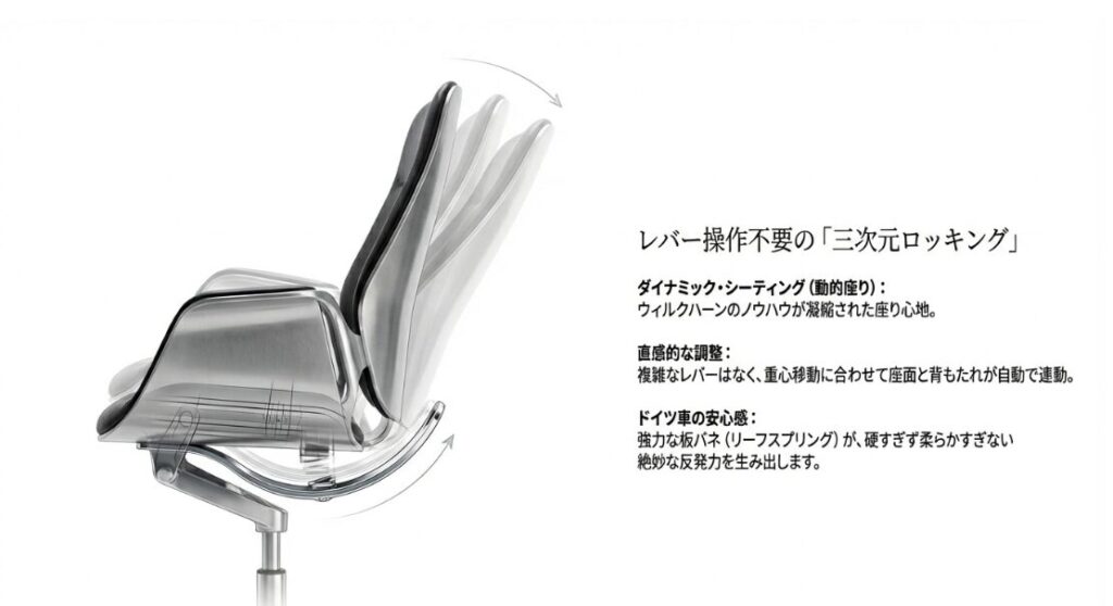 重心移動に合わせて座面と背もたれが自動連動する三次元ロッキングとダイナミック・シーティングの解説