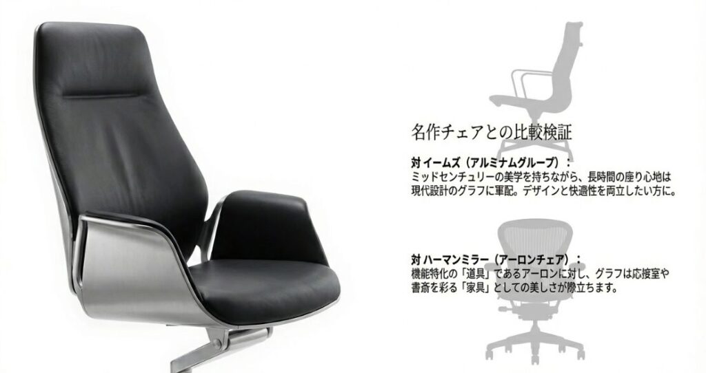 デザインと快適性のバランスにおける、グラフ、イームズ・アルミナム、アーロンチェアの比較表