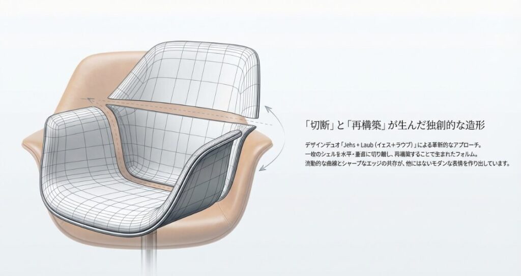 シェルを水平・垂直に切り離して再構築した、グラフの独創的なフォルムの解説図