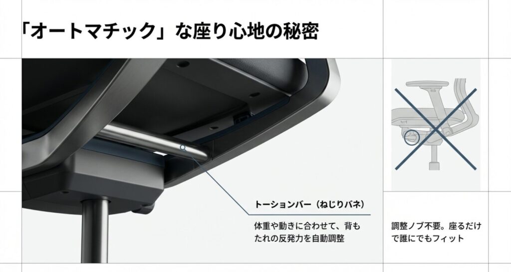 ウィルクハーン・モダスのトーションバー(ねじりバネ)による自動反発力調整機能の解説。