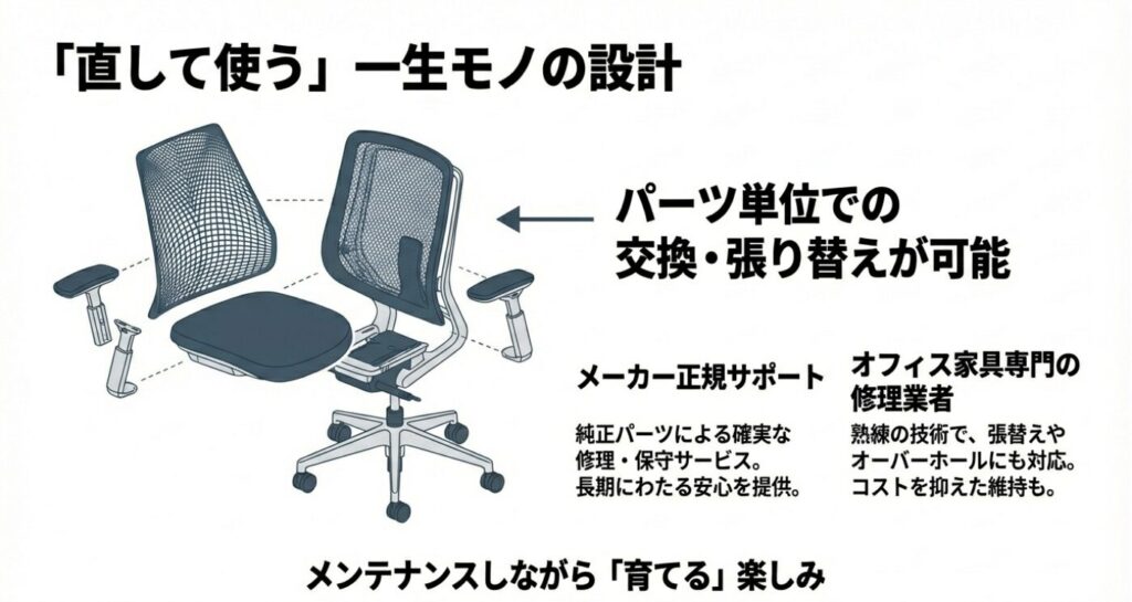 モダスの分解構造図。パーツ単位での交換や張り替えが可能な一生モノの設計の解説。