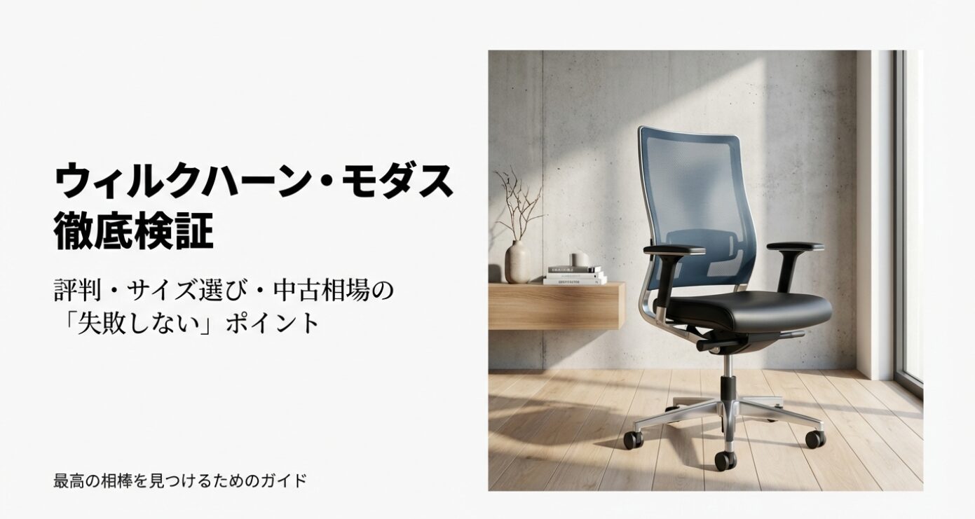 ウィルクハーン・モダスの評判、サイズ選び、中古相場を解説するガイドの表紙画像。スタイリッシュなモダスが部屋に置かれている。