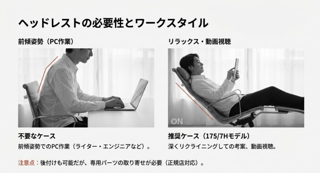 PC作業時の前傾姿勢と、リラックス時の後傾姿勢におけるヘッドレストの役割の図解。