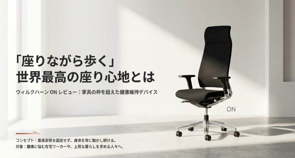「座りながら歩く」をコンセプトにしたウィルクハーンONチェアのレビュー概要スライド。