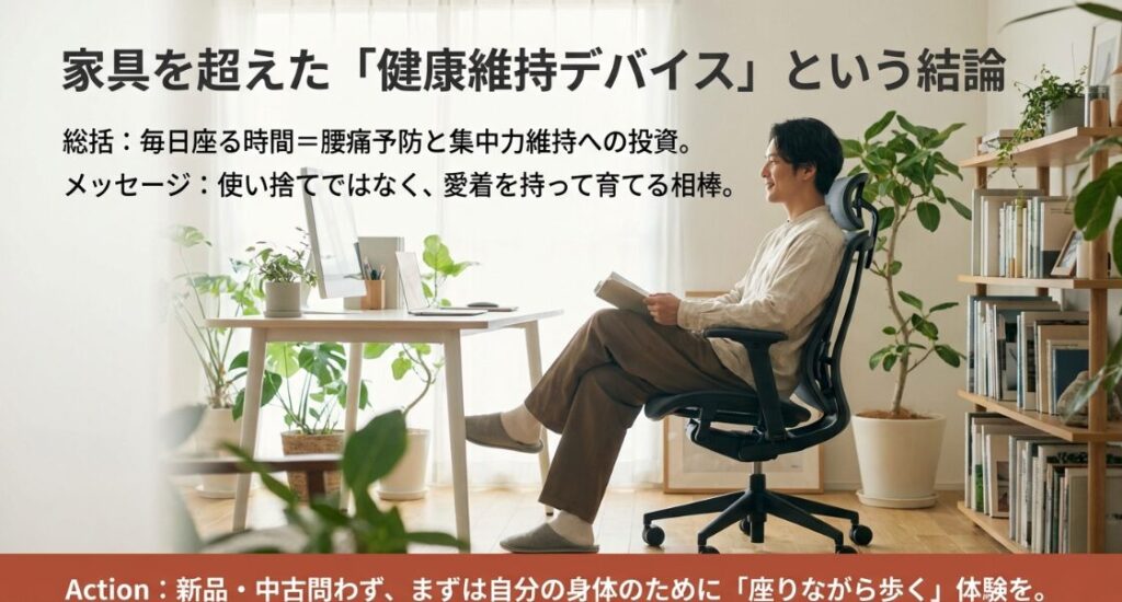 記事のまとめとして、ONを腰痛予防と集中力維持への投資と定義する総括スライド。