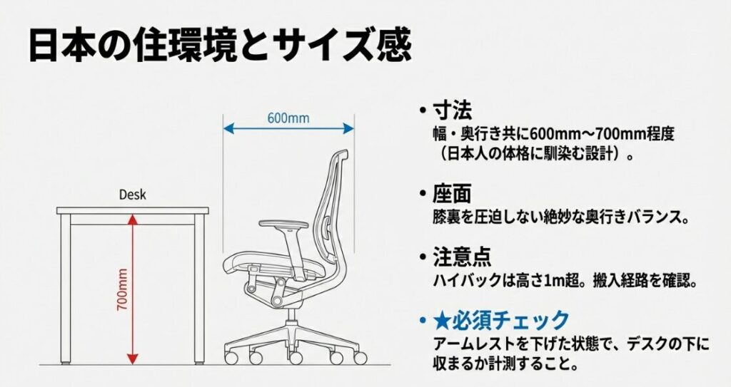 日本のデスク環境に合わせたソリスのサイズ詳細と設置イメージ図