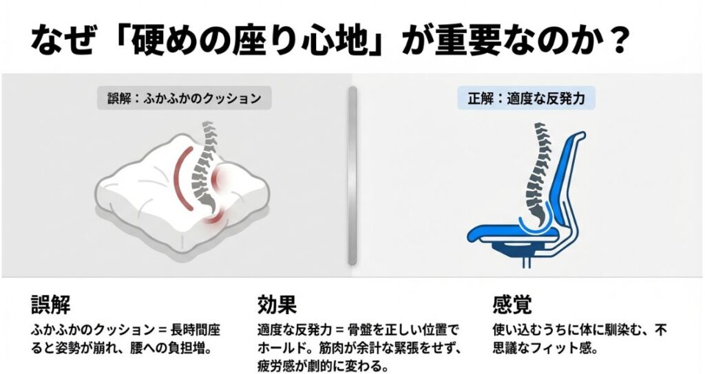 ふかふかのクッションとソリスの適度な反発力を比較した図解と脊椎のイラスト