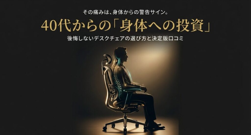 40代のビジネスパーソンが正しい姿勢でデスクチェアに座っているイラストと、身体への投資というテキスト