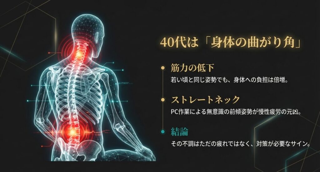 40代の身体の曲がり角として筋力の低下やストレートネックのリスクを説明する図解